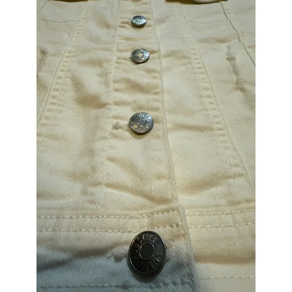 Justice Girls Denim Jacket White 14/16 Distressed Front Buttons Pockets